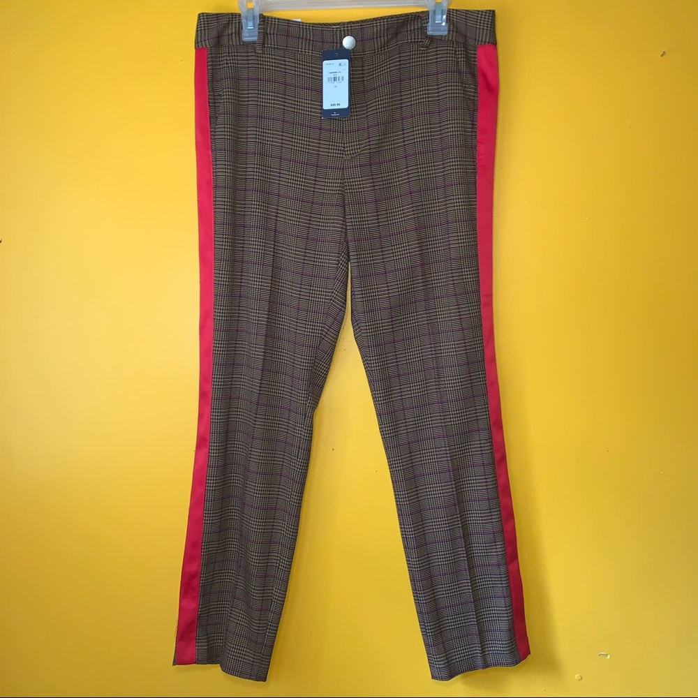 Tommy Hilfiger women’s pants, NWT, sz 10. Brown plaid with red tuxedo stripe.